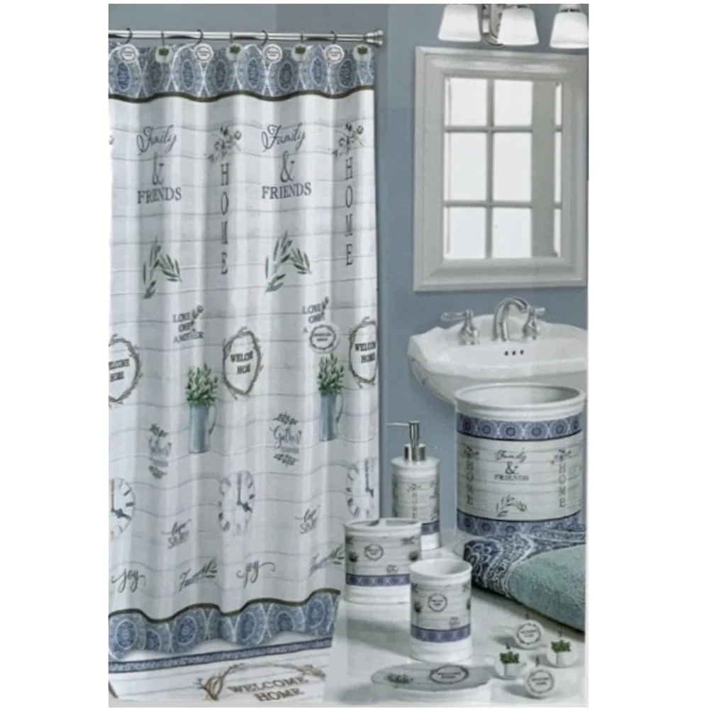 Modern Farmhouse Fabric Shower Curtain White Blue Multicolor 72 in X 72 in